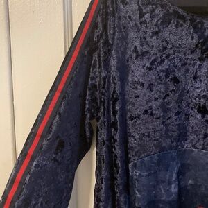 Crushed Stretch Velvet Dress - dark blue/red, asymmetric waist, size 12-14